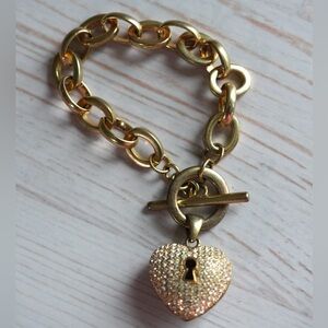 Crystal Heart Lock Valentine Charm Bracelet Goldtone